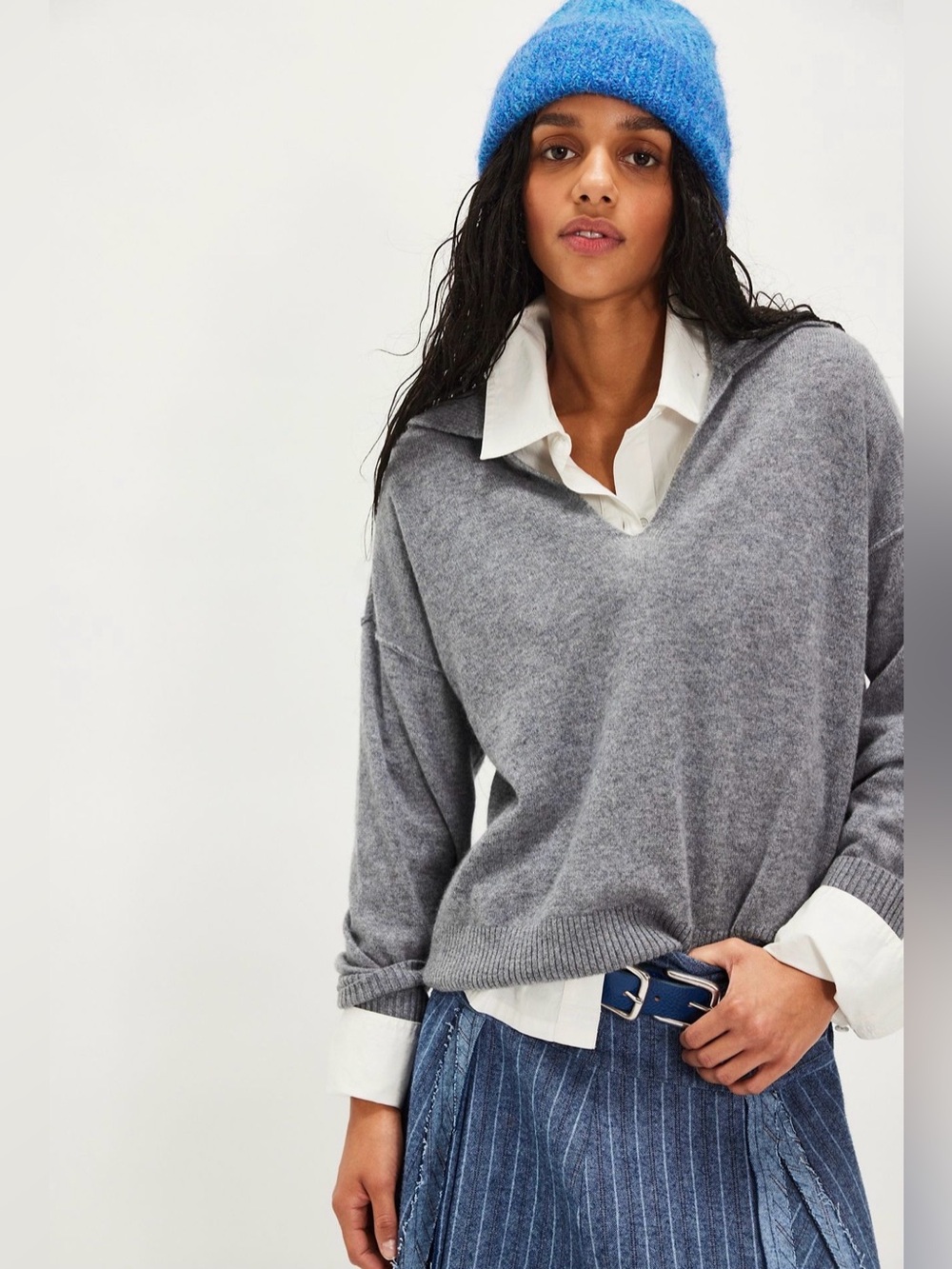 Free People Eloura Cashmere Henley Sweater Ribbing Henley Collar Cloudy Grey